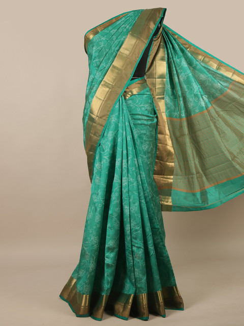 

Pothys Green & Gold-Toned Floral Printed Jute Silk Saree