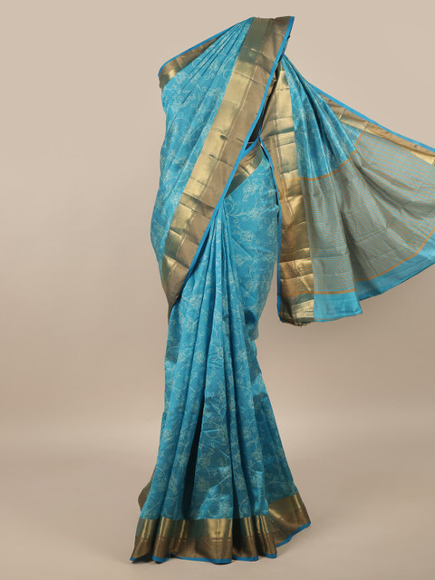 

Pothys Blue & White Floral Zari Jute Silk Saree