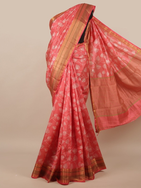 

Pothys Pink & Gold-Toned Floral Printed Jute Silk Saree