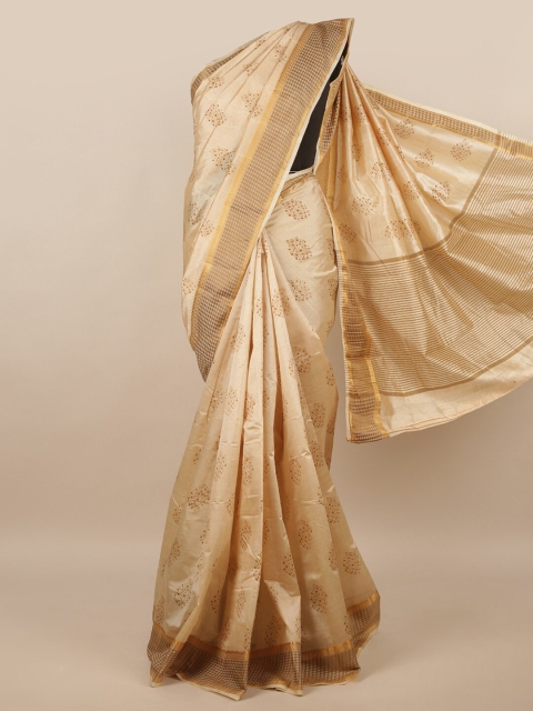 

Pothys Cream-Coloured & Gold-Toned Ethnic Motifs Jute Silk Saree