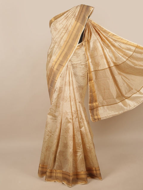 

Pothys Cream-Coloured & Gold-Toned Floral Zari Jute Silk Saree