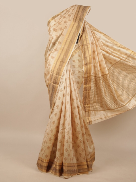 

Pothys Cream-Coloured & Gold-Toned Floral Printed Zari Jute Silk Saree