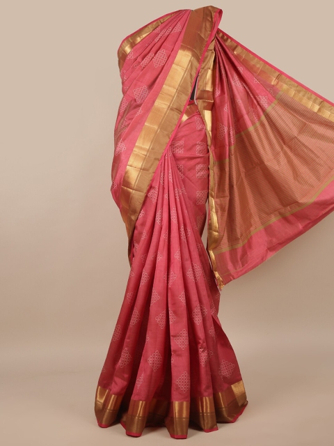 

Pothys Pink & White Printed Zari Jute Silk Saree