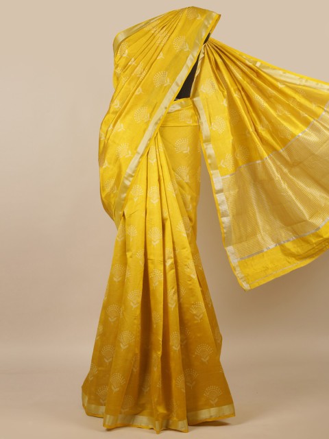 

Pothys Yellow & Silver-Toned Floral Jute Silk Saree