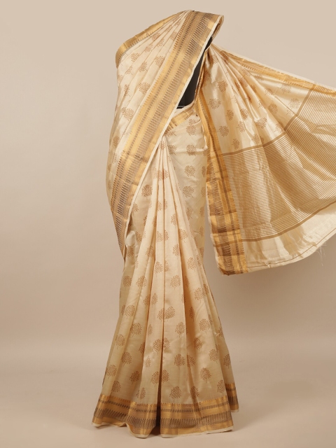 

Pothys Cream-Coloured & Gold-Toned Ethnic Motifs Jute Silk Saree