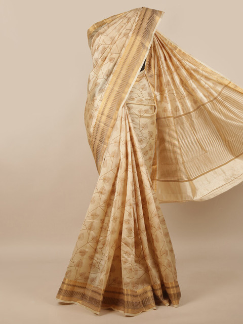 

Pothys Cream-Coloured & Gold-Toned Floral Zari Jute Silk Saree