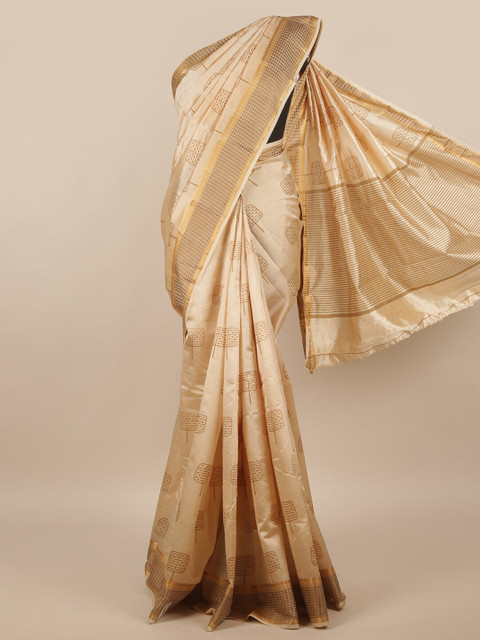 

Pothys Cream-Coloured & Gold-Toned Printed Jute Silk Saree