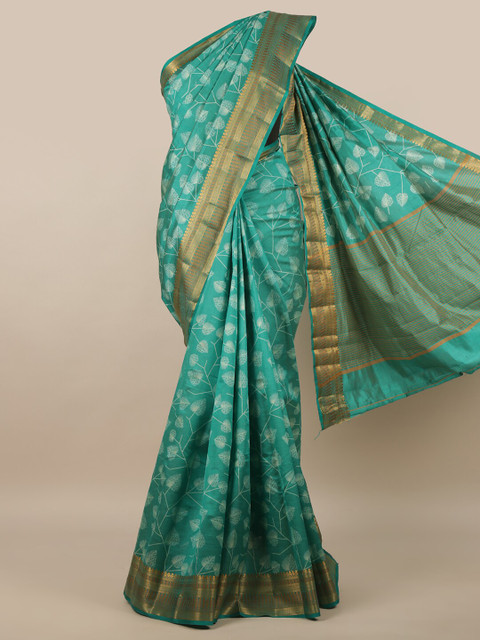 

Pothys Green & Gold-Toned Floral Printed Zari Jute Silk Saree
