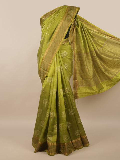 

Pothys Green & White Printed Zari Jute Silk Saree