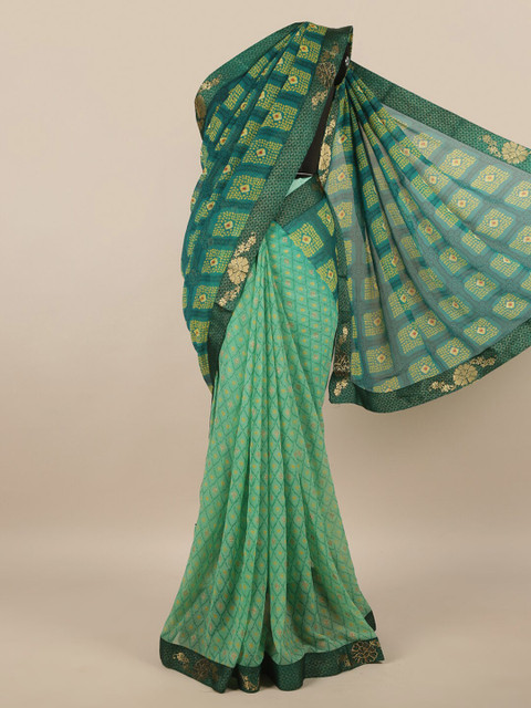 

Pothys Green Geometric Printed Poly Chiffon Saree