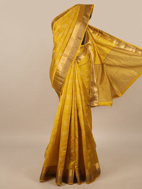 

Pothys Yellow & White Floral Zari Jute Silk Saree