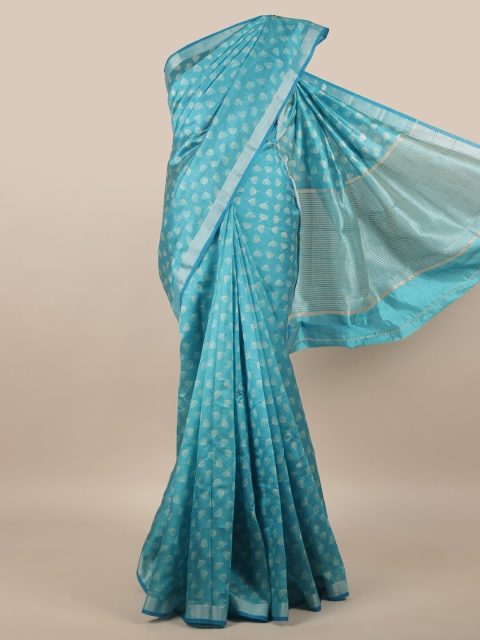 

Pothys Blue & Silver-Toned Floral Printed Jute Silk Saree