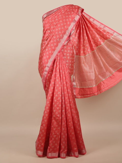 

Pothys Pink & Silver-Toned Floral Jute Silk Saree