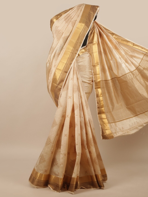 

Pothys Cream-Coloured & Gold-Toned Floral Jute Silk Saree