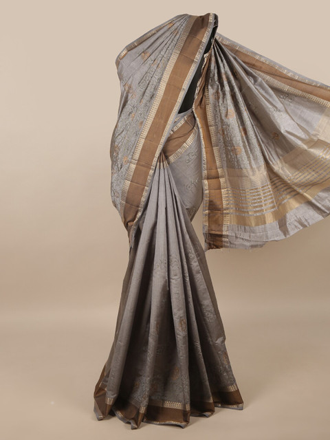 

Pothys Grey & Brown Floral Embroidered Zari Jute Silk Saree