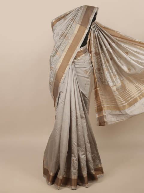 

Pothys Grey & Gold-Toned Floral Jute Silk Saree