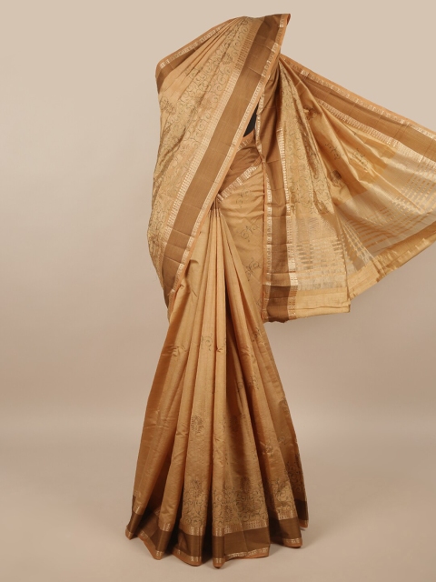 

Pothys Cream-Coloured & Brown Ethnic Motifs Embroidered Jute Silk Saree