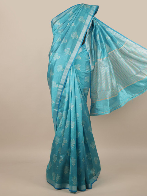 

Pothys Blue & Silver-Toned Floral Printed Jute Silk Saree
