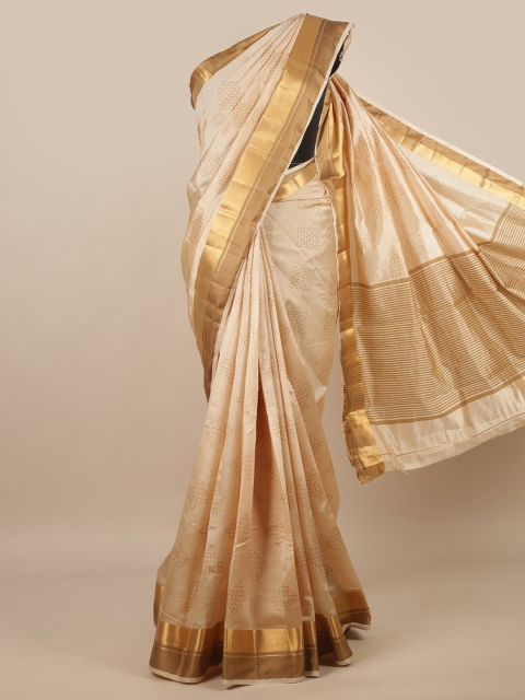 

Pothys Cream-Coloured & Gold-Toned Printed Jute Silk Saree