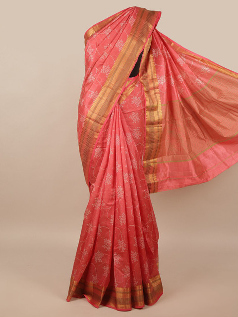 

Pothys Pink & White Floral Jute Silk Saree
