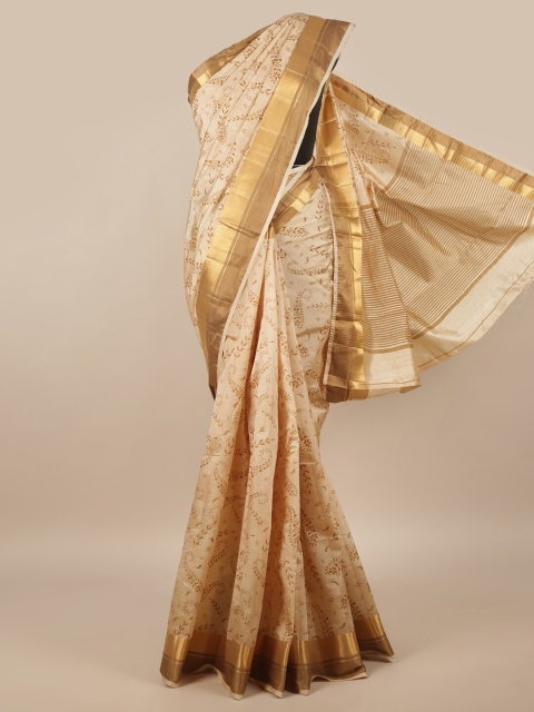 

Pothys Cream-Coloured & Gold-Toned Floral Zari Jute Silk Saree