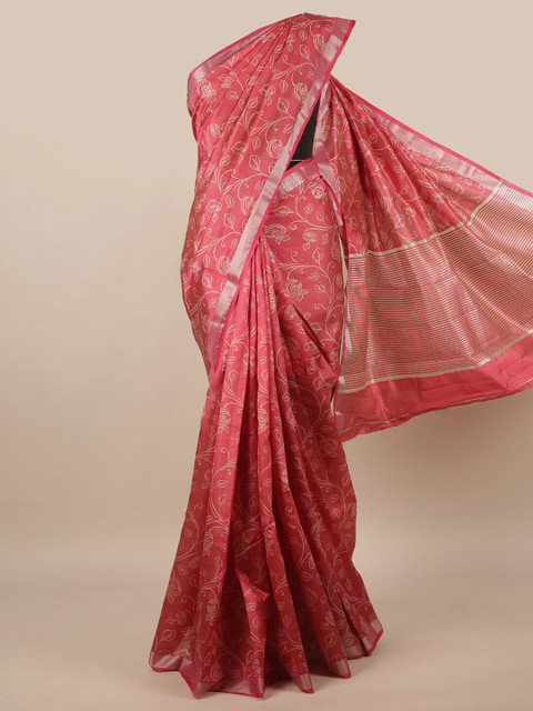 

Pothys Pink & White Floral Zari Jute Silk Saree