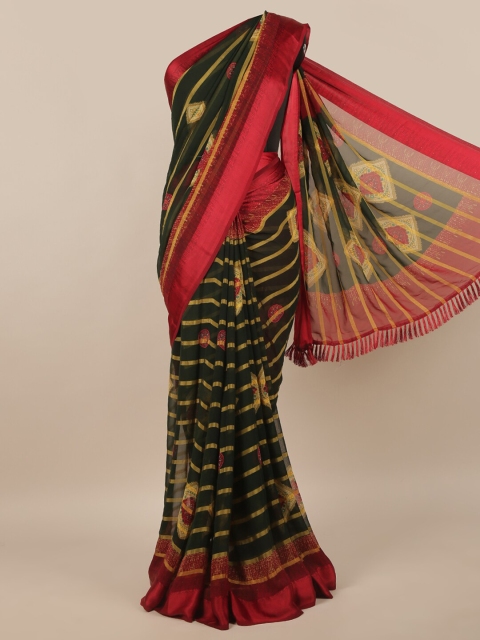 

Pothys Green & Red Striped Poly Chiffon Saree