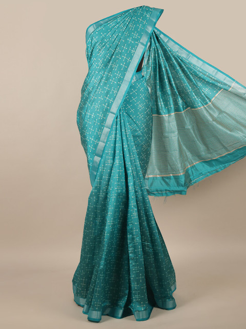 

Pothys Blue & Silver-Toned Printed Zari Jute Silk Saree