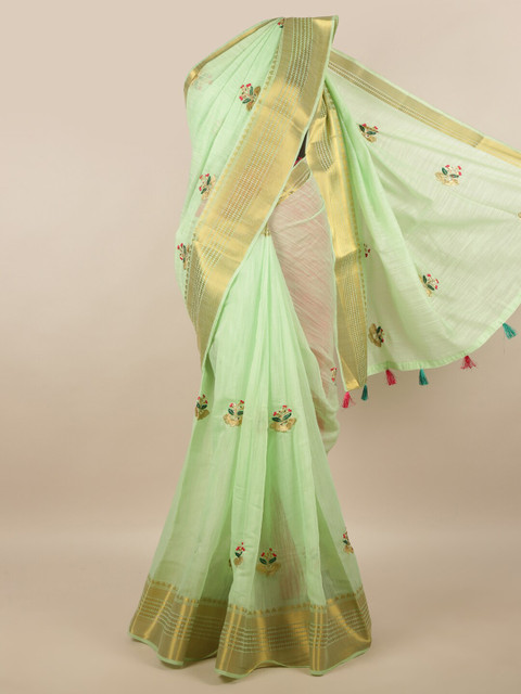

Pothys Green & Gold-Toned Floral Embroidered Zari Saree