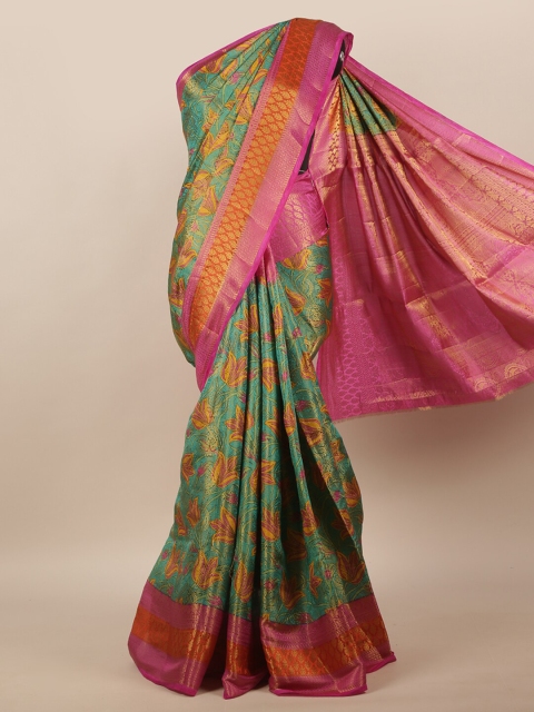 

Pothys Green & Pink Floral Zari Jute Silk Saree