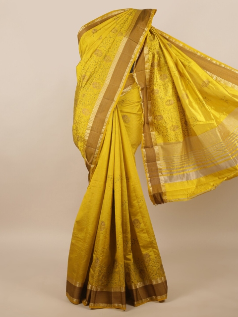 

Pothys Lime Green & Gold Floral Jute Silk Saree