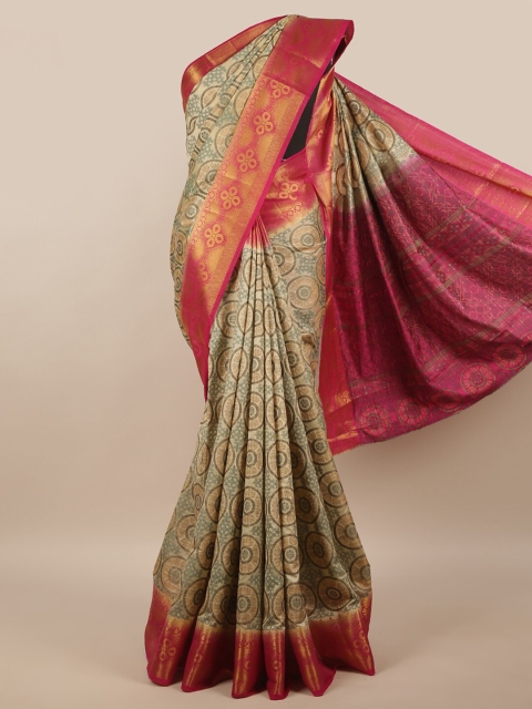 

Pothys Cream-Coloured & Pink Printed Jute Silk Saree