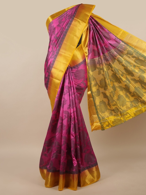

Pothys Pink & Yellow Floral Printed Zari Jute Silk Saree