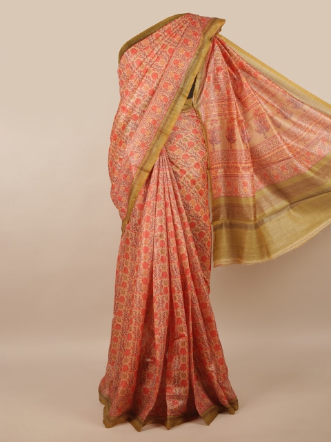 

Pothys Peach-Coloured & Gold-Toned Floral Saree