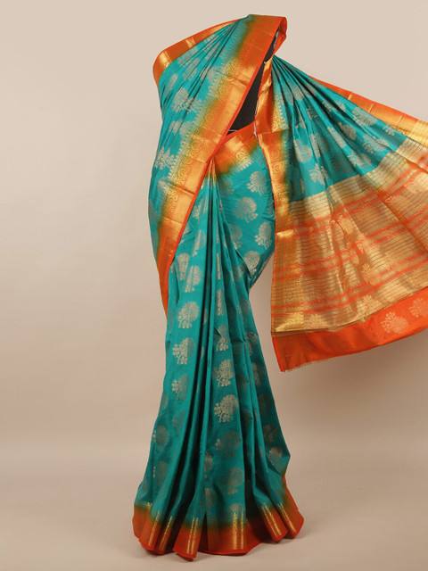 

Pothys Green & Orange Ethnic Motifs Printed Zari Jute Silk Saree