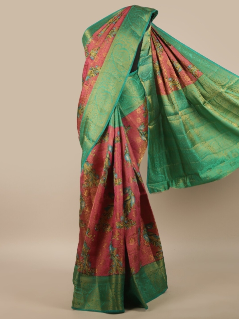 

Pothys Pink & Green Floral Zari Jute Silk Saree