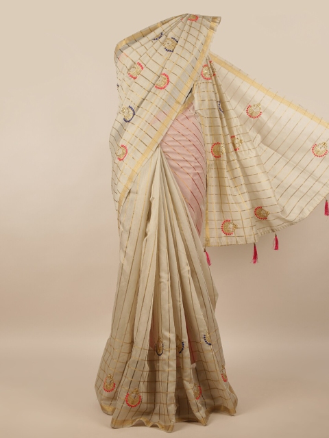 

Pothys Cream-Coloured & Gold-Toned Checked Zari Saree