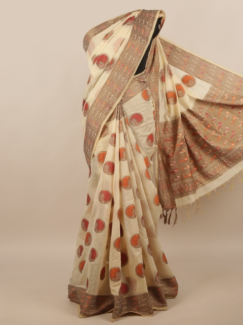 

Pothys Cream-Coloured & Red Cotton Blend Saree
