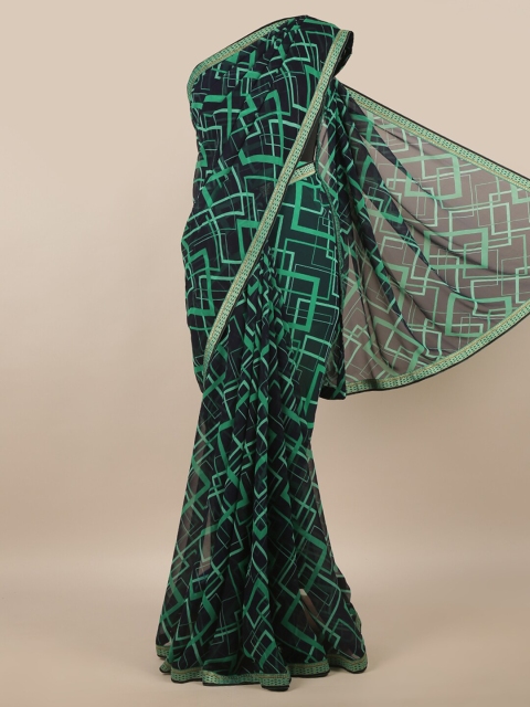

Pothys Teal Geometric Printed Poly Chiffon Saree