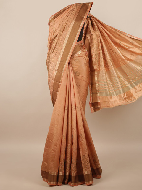

Pothys Peach-Coloured & Brown Floral Zari Jute Silk Saree