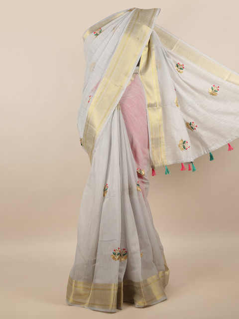 

Pothys Grey & Green Floral Embroidered Saree
