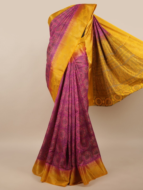 

Pothys Pink & Yellow Floral Printed Jute Silk Saree