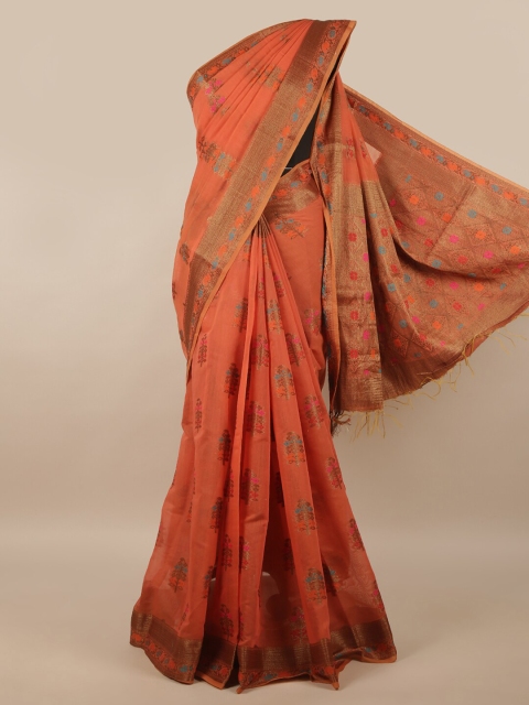 

Pothys Rust & Blue Floral Zari Jute Silk Saree