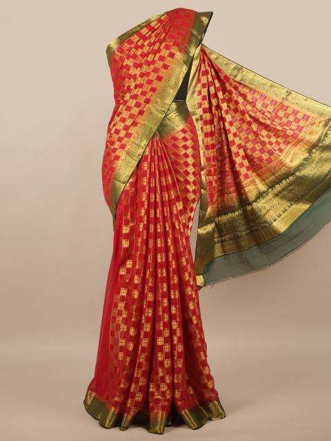 

Pothys Red & Green Checked Zari Saree