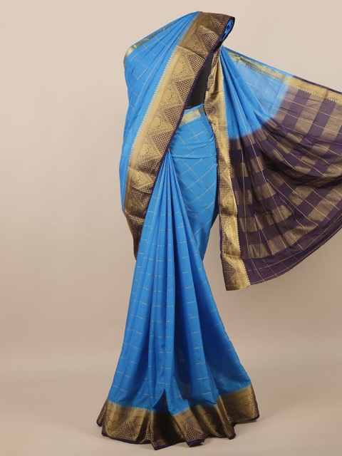 

Pothys Blue & Coffee Brown Checked Zari Saree