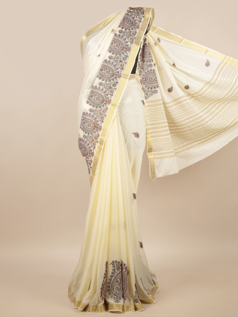 

Pothys Cream-Coloured & Grey Paisley Zari Saree