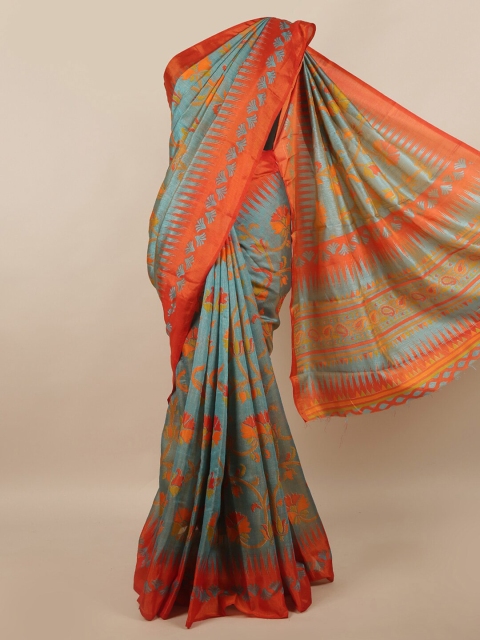

Pothys Blue & OrangePrinted Jute Silk Saree