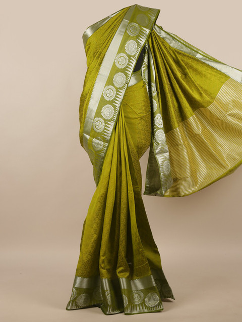 

Pothys Green & Silver-Toned Floral Zari Jute Silk Saree