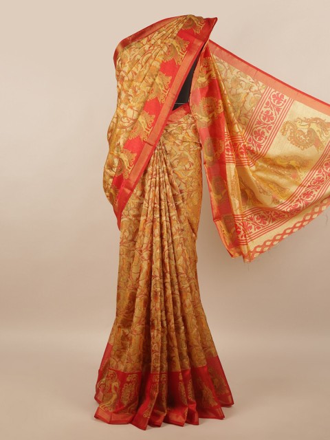 

Pothys Gold-Toned & Peach-Coloured Ethnic Motifs Printed Zari Saree