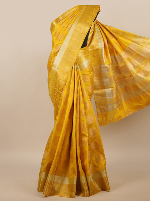 

Pothys Yellow & Silver-Toned Floral Zari Jute Silk Saree